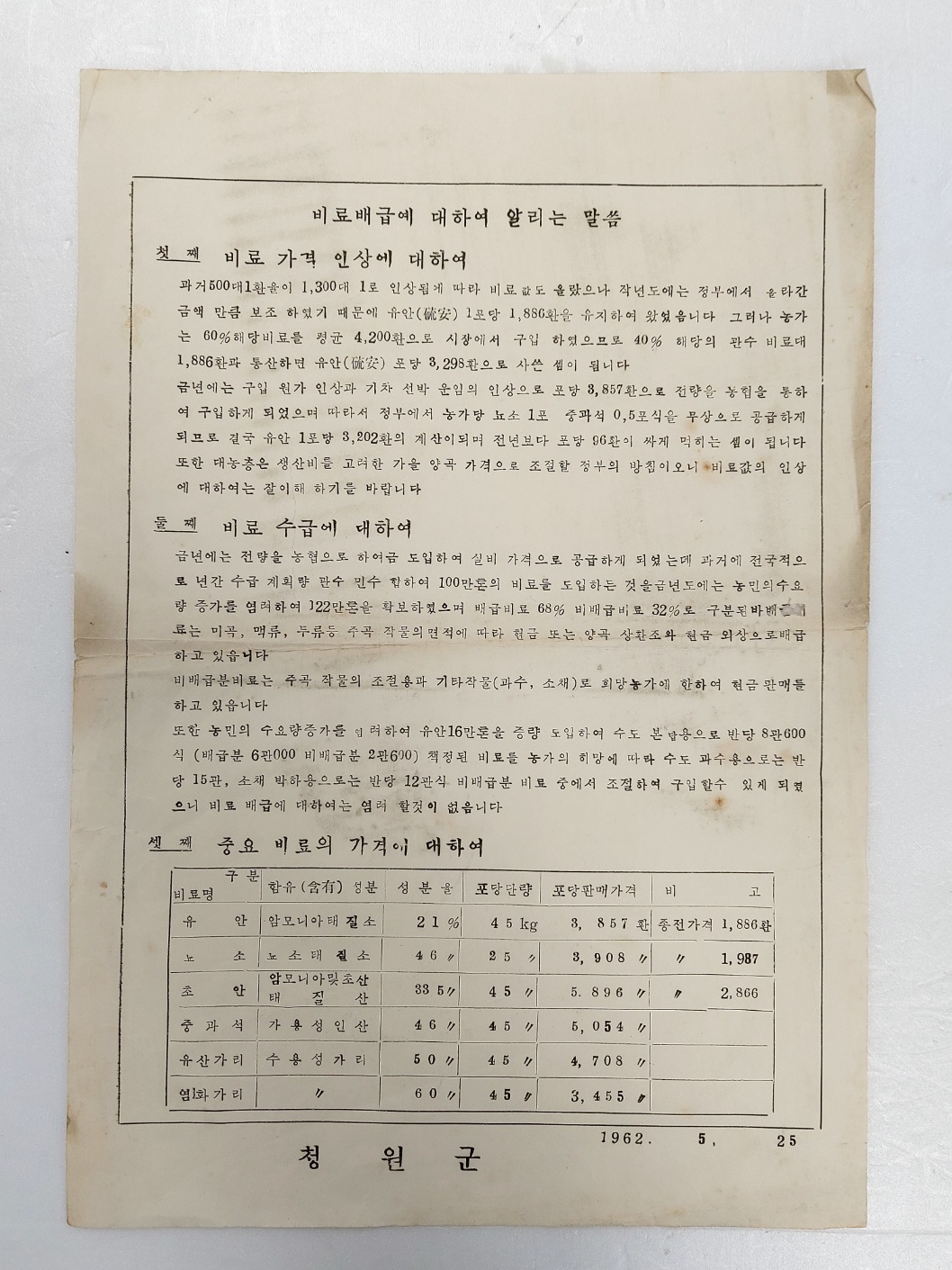 청원군의 [비료배급에 대하여 알리는 말씀]