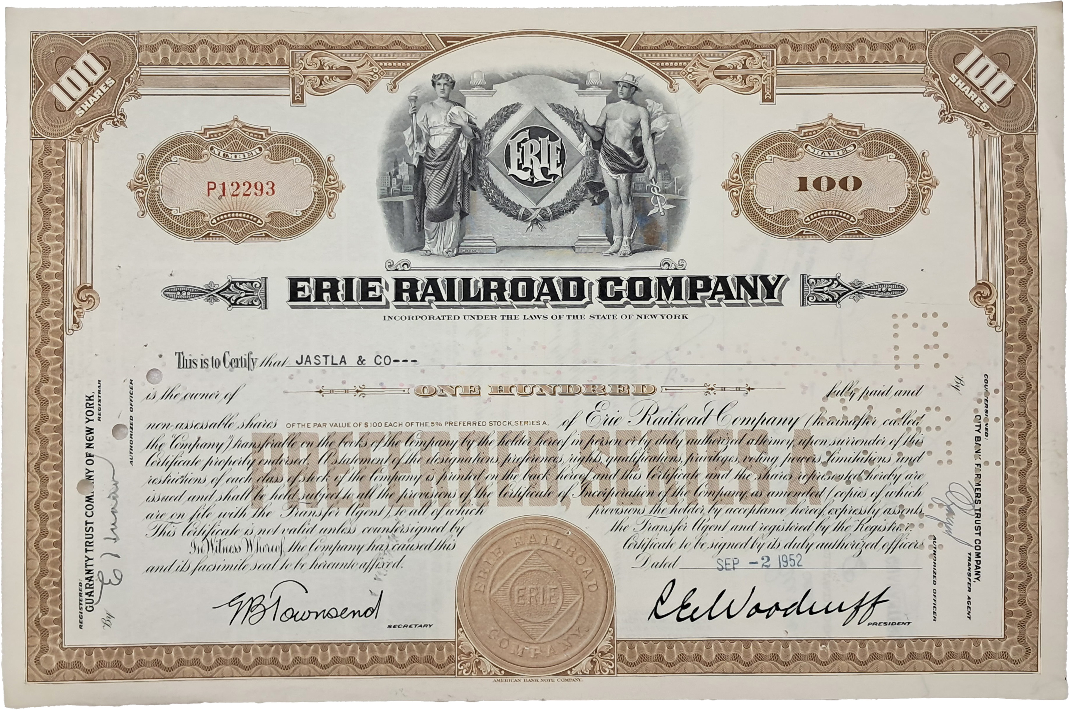 [285] 1952∼53년 한국전쟁기 미국 이리(Erie)철도회사 우선주 100주 주권