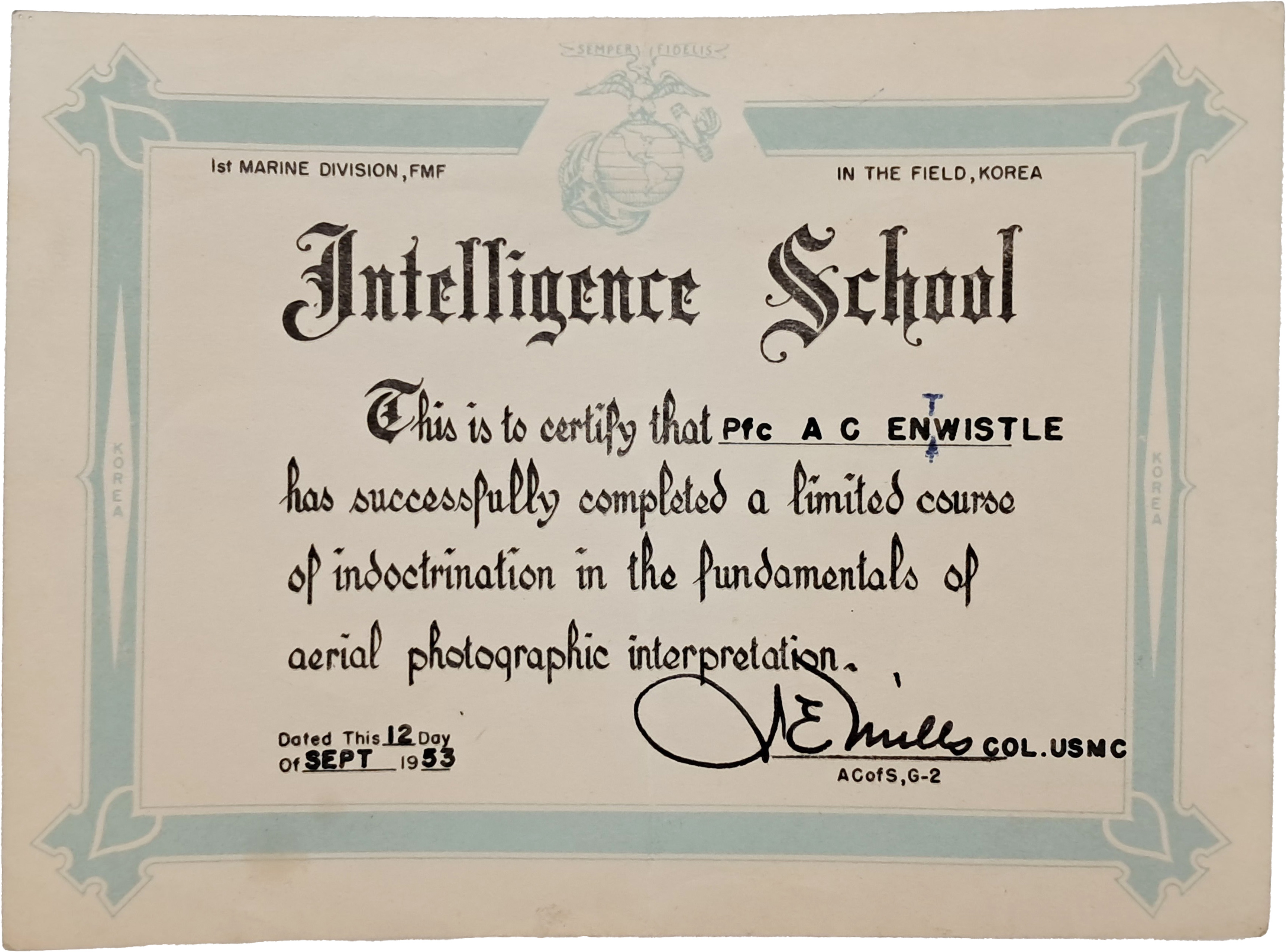[5] 전쟁 직후 한국 현지에서 발급한, 미 해병대 항공정찰 정보교육 수료증