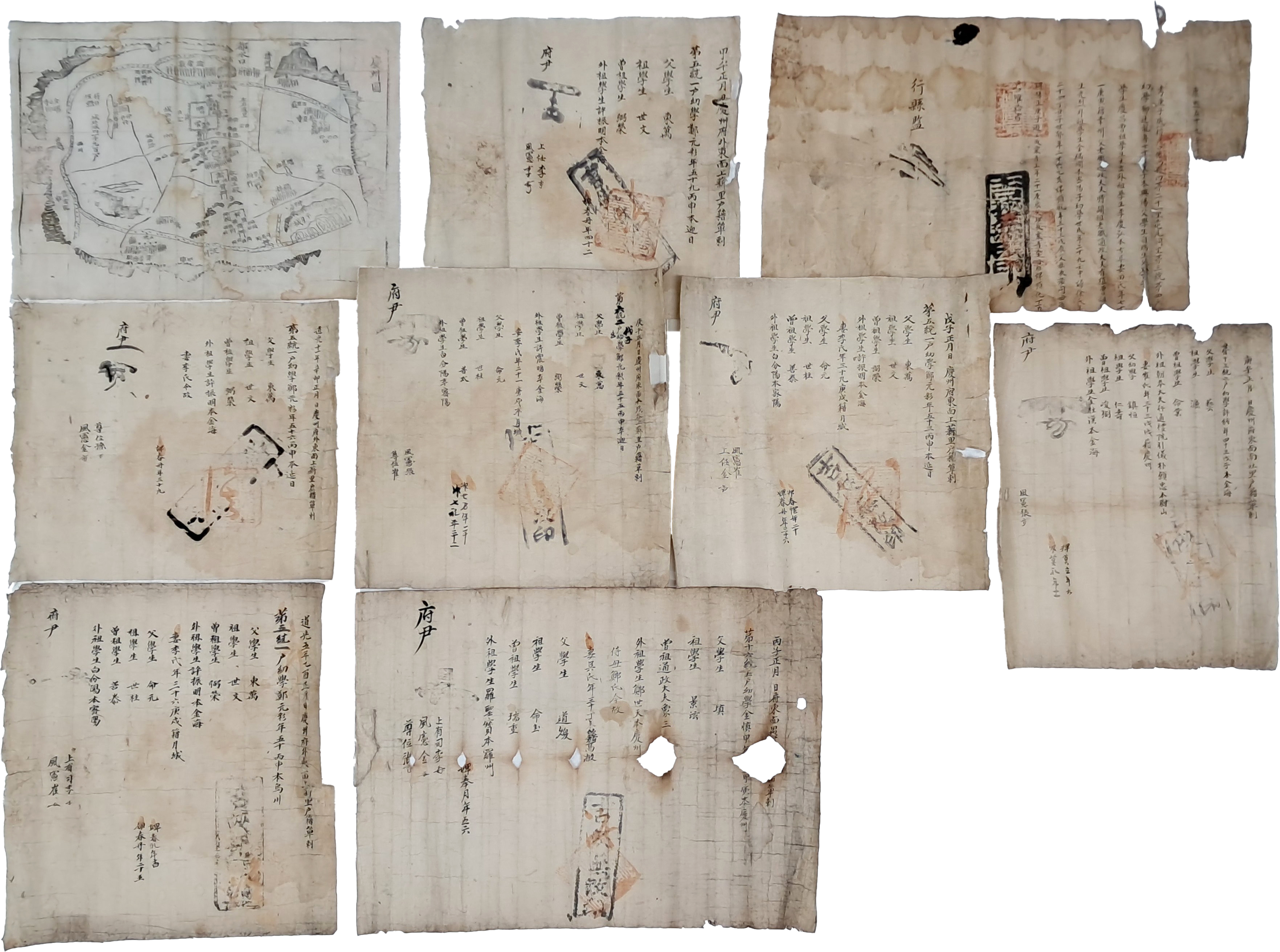 [206] 목판본 ‘경주왕궁도(慶州王宮圖)와 호구단자 8점 등 총 9점 일괄