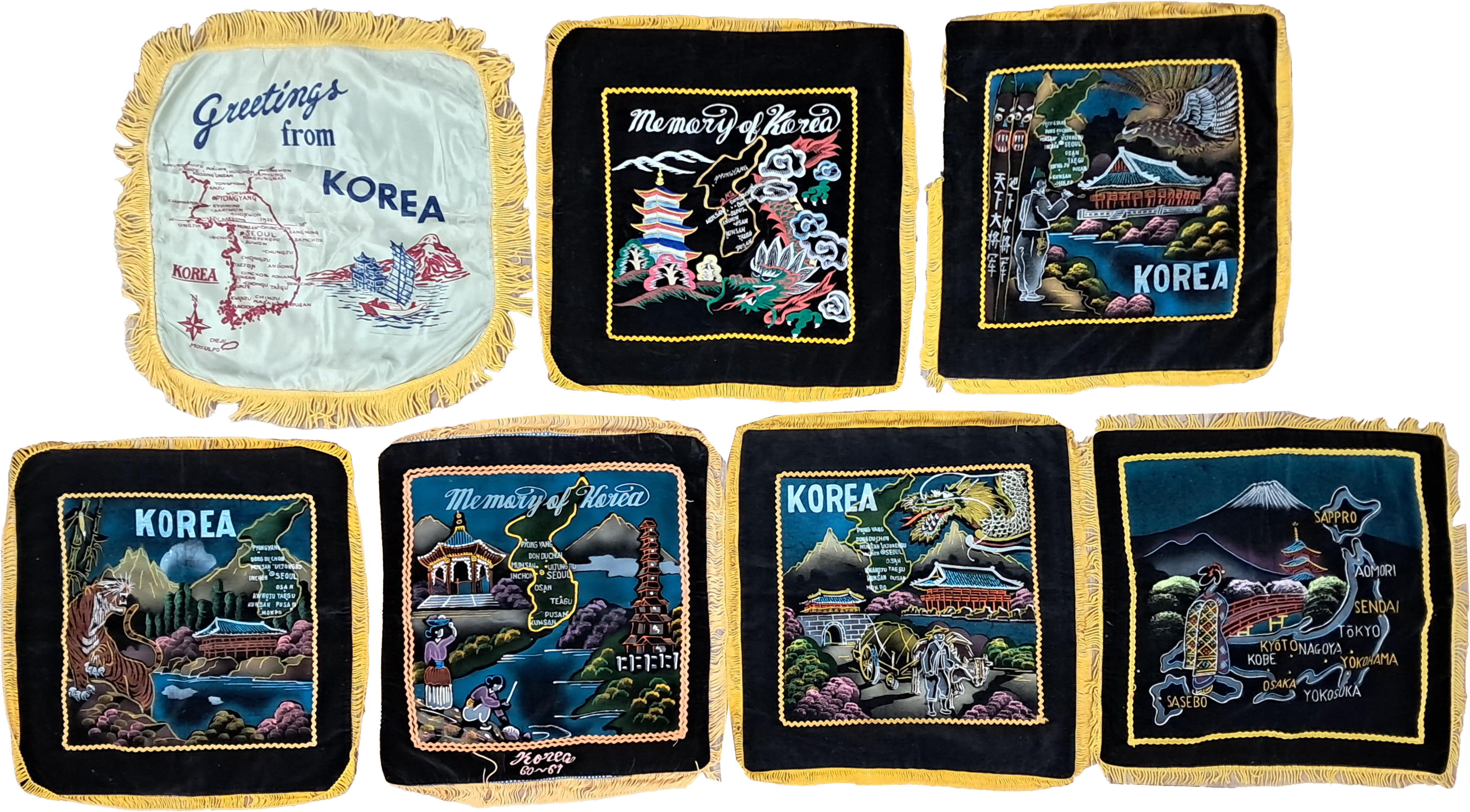 [143] 한국과 일본의 관광기념품으로 제작한 방석 커버 7점 일괄