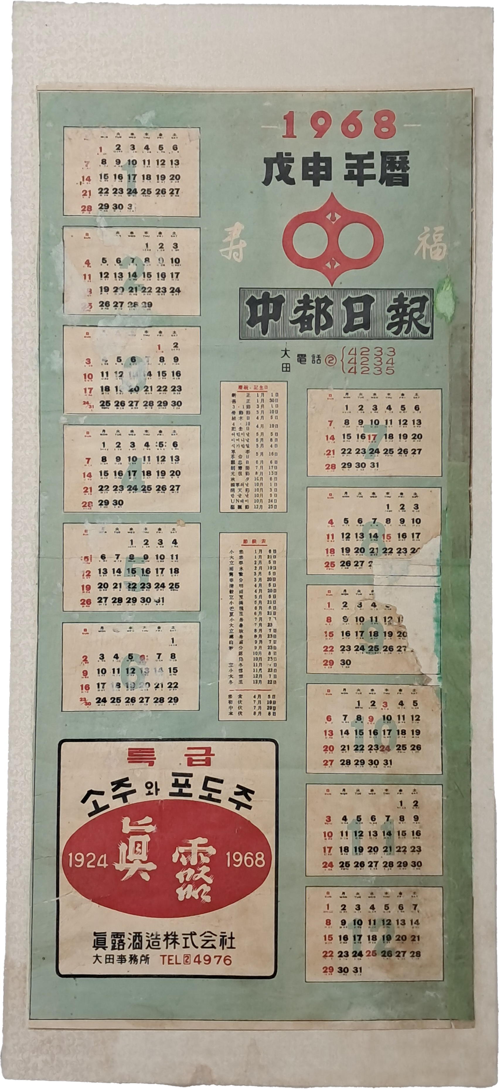 진로주조에서 후원한 [중도일보 1968년 연력]