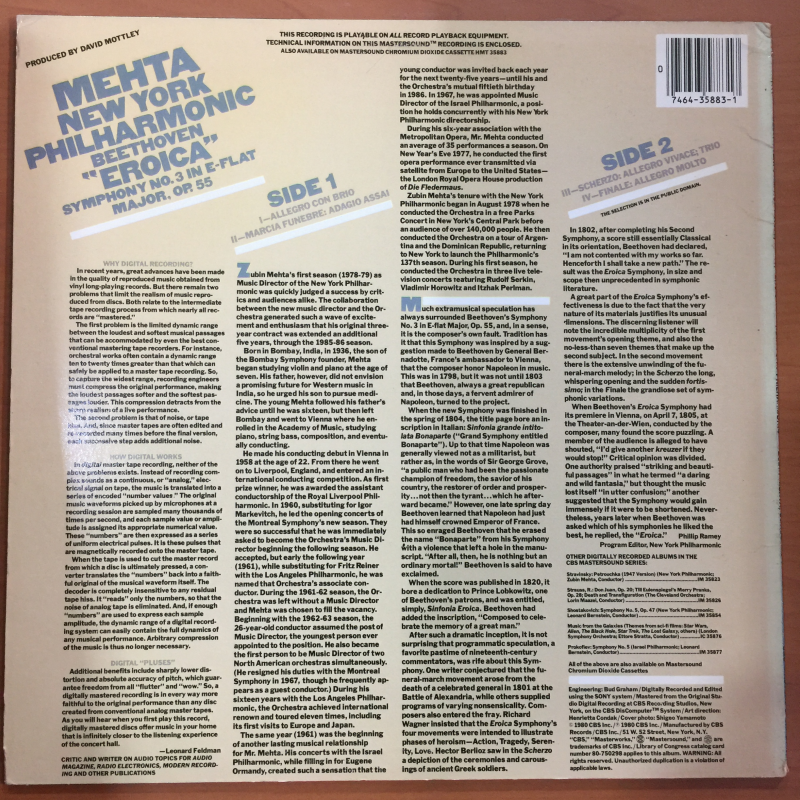 ZUBIN MEHTA NEW YORK PHILHARMONIC CBS35883 CBS BEETHOVEN SYMPHONIE NO VINYL LP