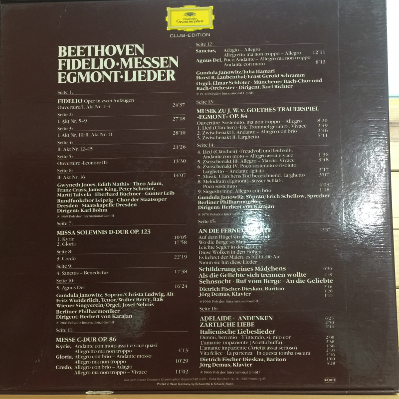 Beethoven*, Karl Böhm, Gundula Janowitz, Herbert von Karajan, Karl Richter, Dietrich Fischer-Dieskau, U.a.* ‎– Fidelio - Missa Solemnis - Messe C-Dur - Egmont - Lieder