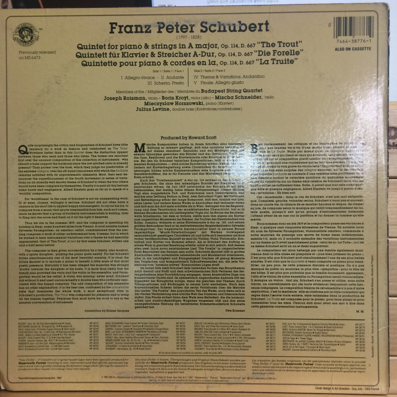 Schubert*, Joseph Roisman, Boris Kroyt, Mischa Schneider Of The Budapest String Quartet* Assisting Artists Mieczyslaw Horszowski & Julius Levine ‎– The Trout
