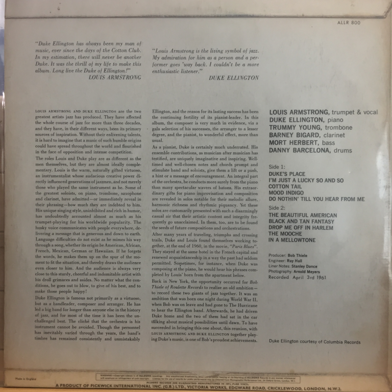 Louis Armstrong & Duke Ellington ‎– Recording Together For The First Time