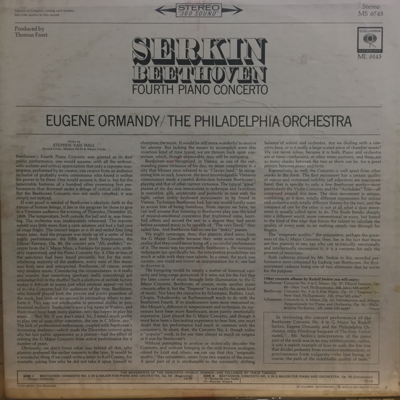 Beethoven - Serkin, Eugene Ormandy, The Philadelphia Orchestra ‎– Fourth Piano Concerto