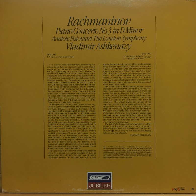 Vladimir Ashkenazy, Rachmaninov*, Fistoulari*, London Symphony* ‎– 3rd. Piano Concerto