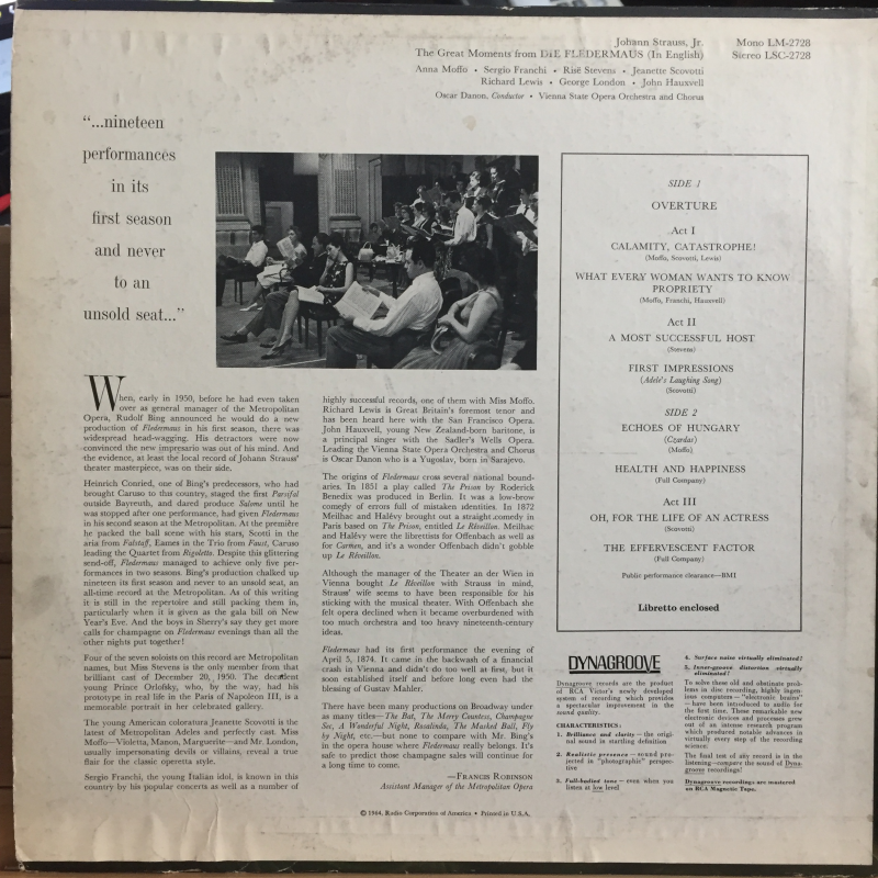Johann Strauss, Jr., Anna Moffo, Sergio Franchi, Risë Stevens, Jeanette Scovotti, Richard Lewis (3), George London (2), John Hauxvell, Oscar Danon, Vienna State Opera Orchestra And Chorus ‎– The Great Moments From Die Fledermaus (In English)