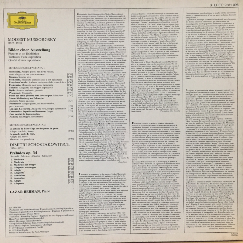 Modest Mussorgsky / Dimitri Schostakowitsch* - Lazar Berman ‎– Bilder Einer Ausstellung • Pictures At An Exhibition / Préludes Op. 34