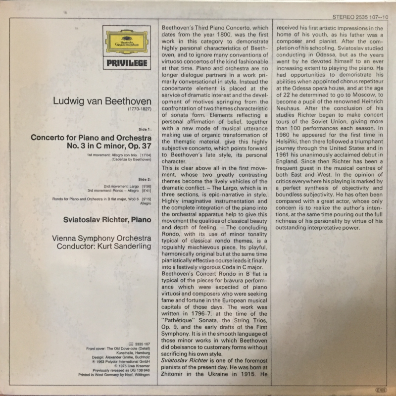 Ludwig van Beethoven — Sviatoslav Richter - Vienna Symphony Orchestra, Kurt Sanderling ‎– Piano Concerto No. 3 / Rondo For Piano And Orchestra