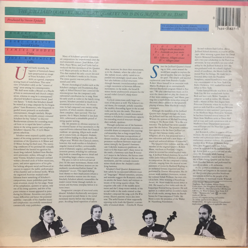 Schubert - The Juilliard Quartet ‎– Quartet No. 15 In G-Major, Op. 161, D887